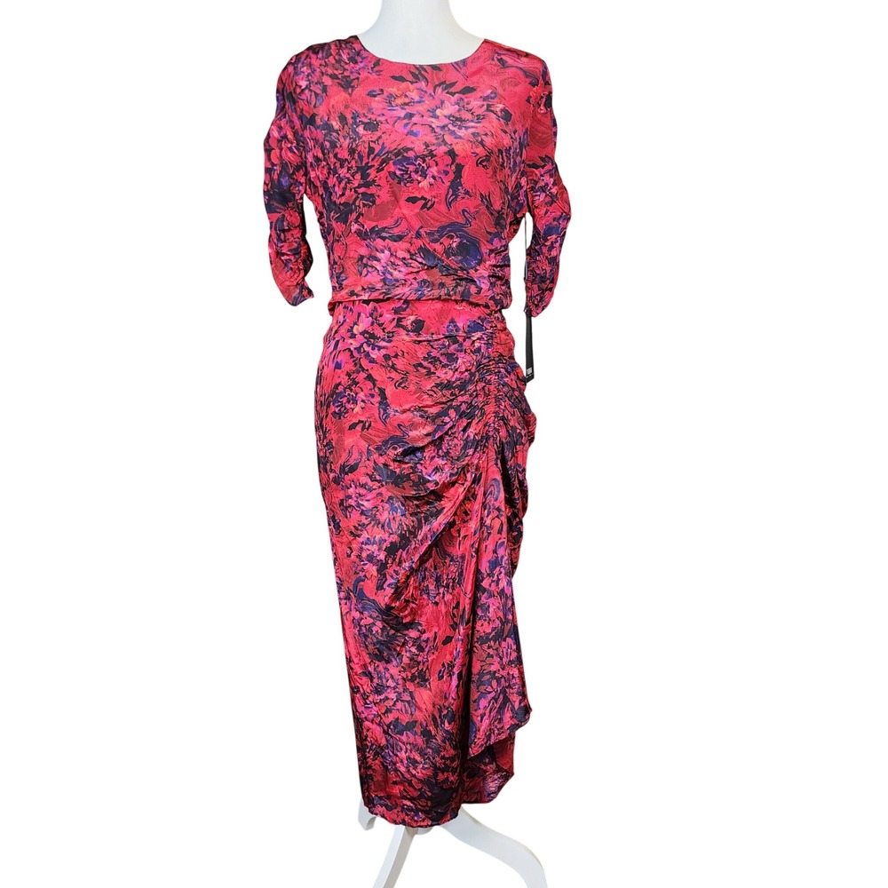 White House Black Market Ruched Midi Dress Kaleidoscope M Indulgent Red Sz 6 NEW